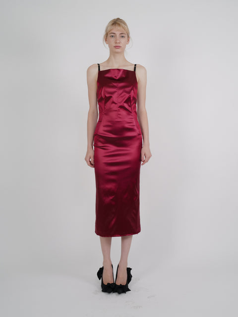 Dolce & Gabbana S/S 1999 Red Satin Column Midi Dress With Black Straps