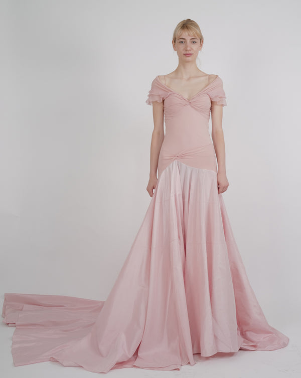 Christian Dior by John Galliano S/S 2004 Blush Pink Ruched Off-Shoulder Ruffled Train Gown