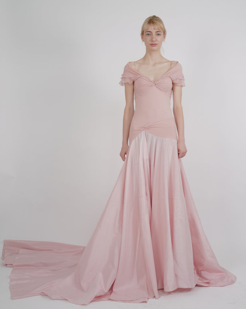 Christian Dior by John Galliano S/S 2004 Blush Pink Ruched Off-Shoulder Ruffled Train Gown