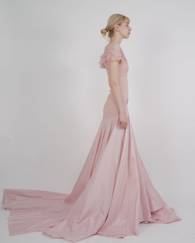 Christian Dior by John Galliano S/S 2004 Blush Pink Ruched Off-Shoulder Ruffled Train Gown