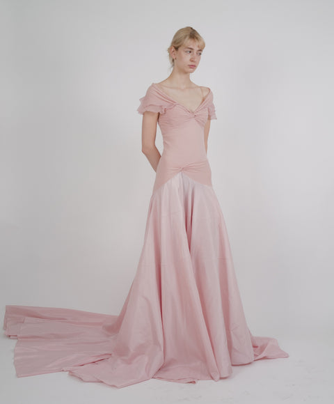 Christian Dior by John Galliano S/S 2004 Blush Pink Ruched Off-Shoulder Ruffled Train Gown