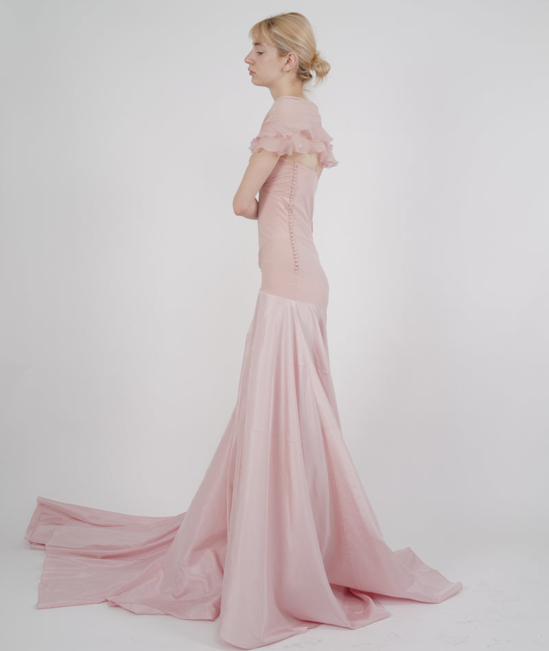 Christian Dior by John Galliano S/S 2004 Blush Pink Ruched Off-Shoulder Ruffled Train Gown