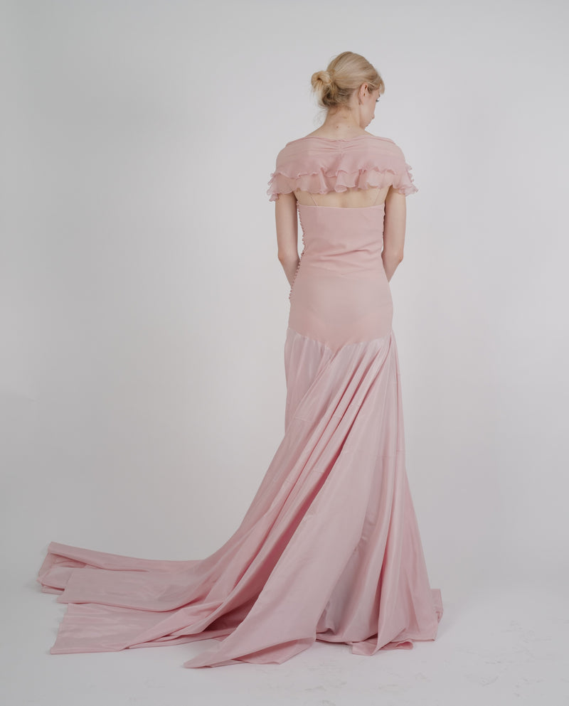 Christian Dior by John Galliano S/S 2004 Blush Pink Ruched Off-Shoulder Ruffled Train Gown