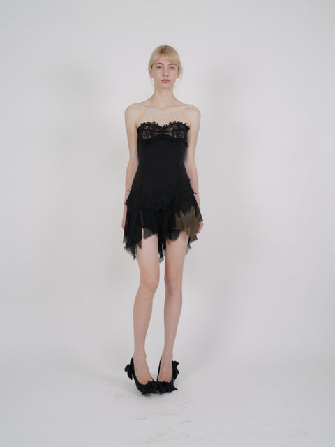 Versace F/W 2003 Strapless Silk Mini Dress with Lace Trim
