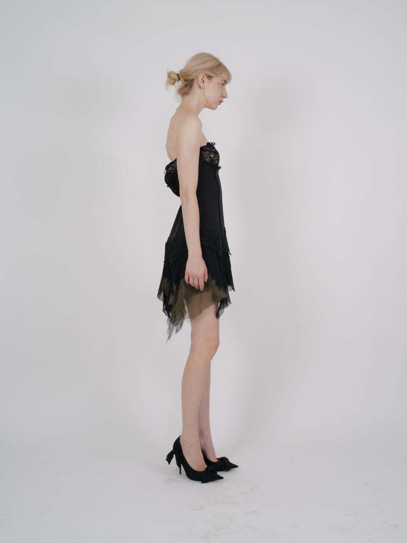 Versace F/W 2003 Strapless Silk Mini Dress with Lace Trim