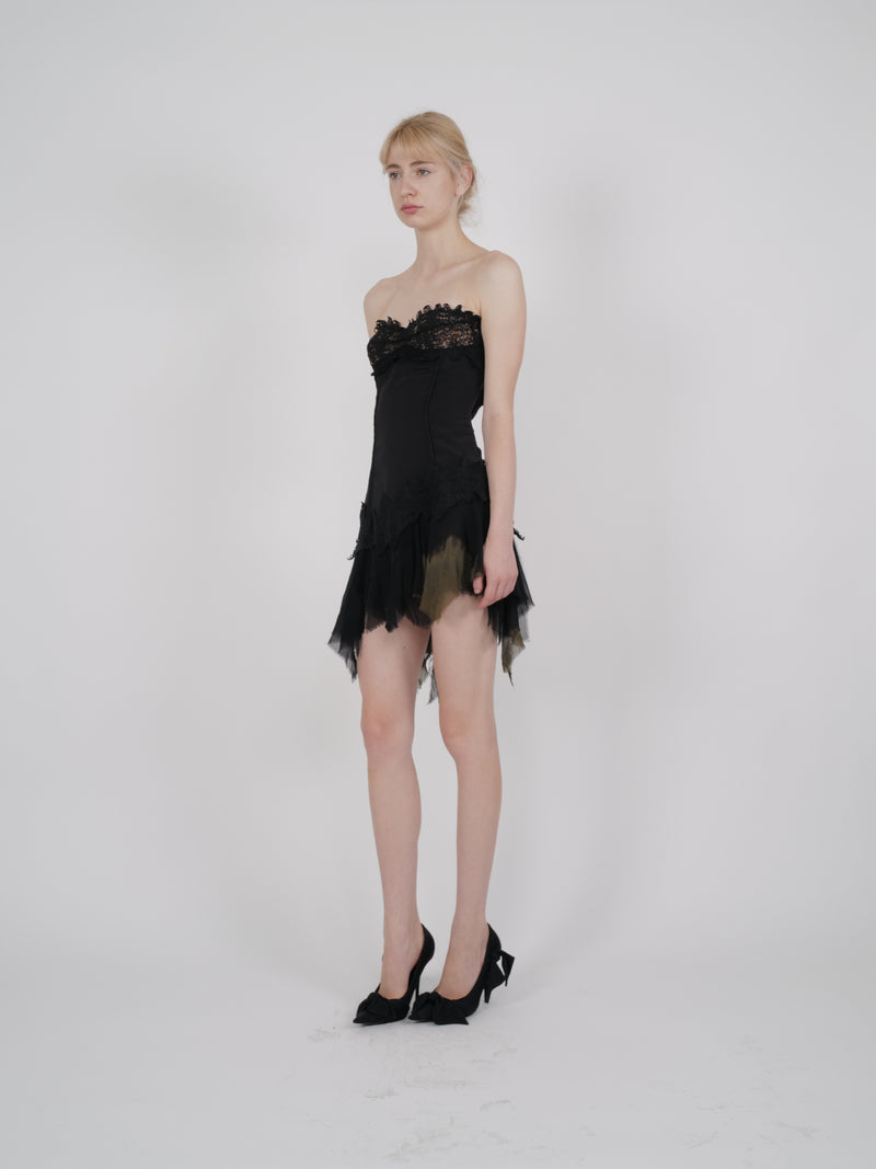 Versace F/W 2003 Strapless Silk Mini Dress with Lace Trim