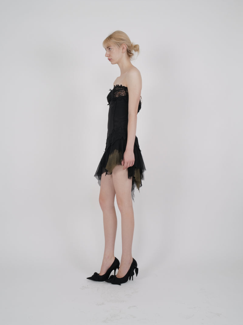 Versace F/W 2003 Strapless Silk Mini Dress with Lace Trim