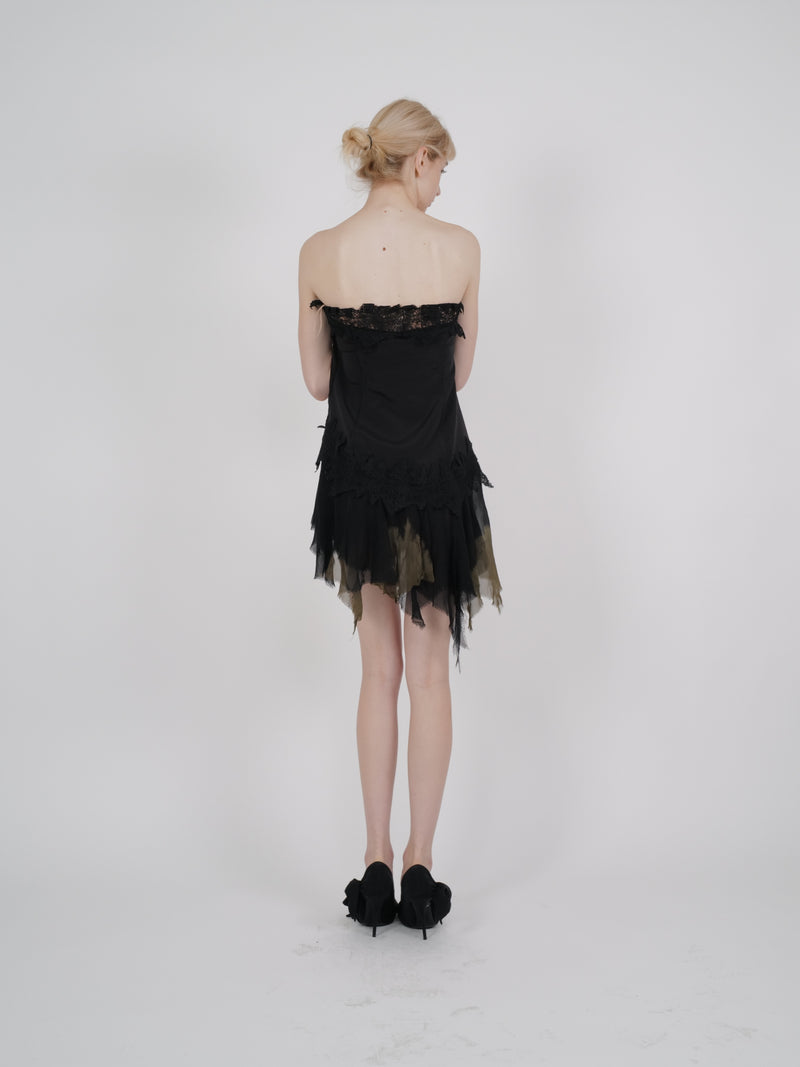 Versace F/W 2003 Strapless Silk Mini Dress with Lace Trim
