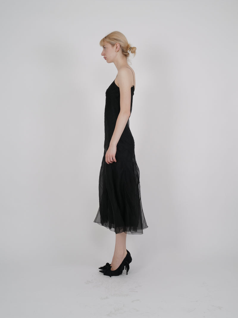 John Galliano S/S 2000 Black Chevron-Pintucked Sheer-Hem Slip Dress
