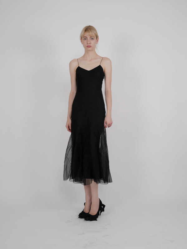 John Galliano S/S 2000 Black Chevron-Pintucked Sheer-Hem Slip Dress