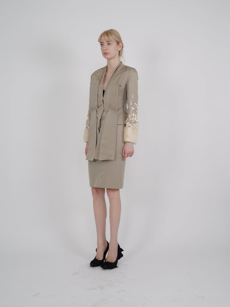 Christian Dior F/W 2007 Embellished Silk Faille Suit with Mink Cuffs