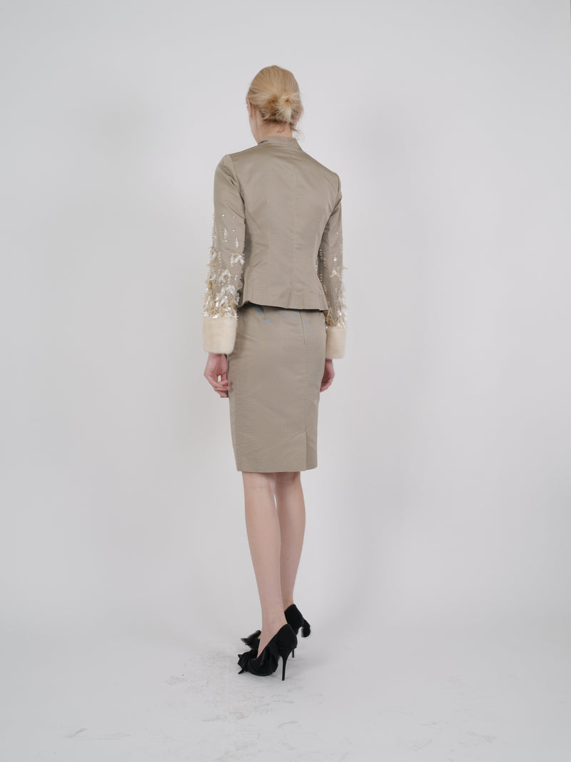 Christian Dior F/W 2007 Embellished Silk Faille Suit with Mink Cuffs