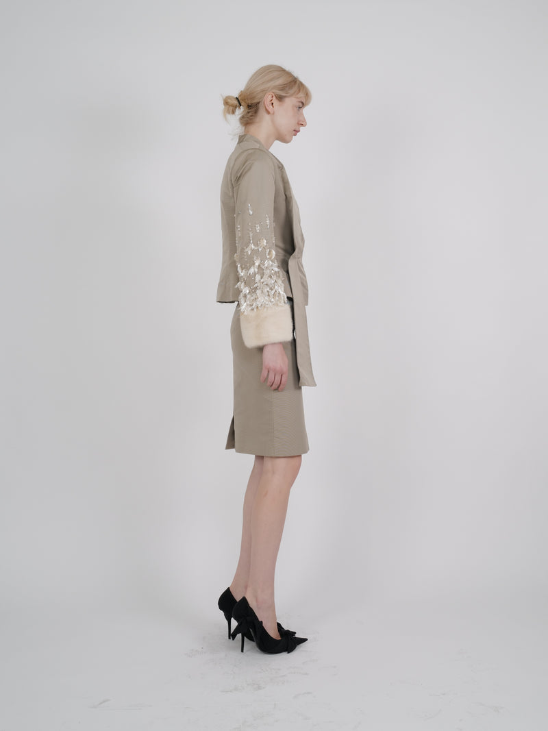 Christian Dior F/W 2007 Embellished Silk Faille Suit with Mink Cuffs