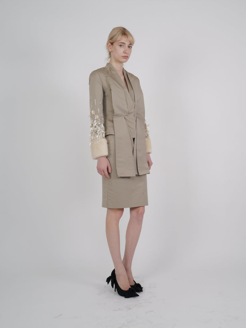 Christian Dior F/W 2007 Embellished Silk Faille Suit with Mink Cuffs