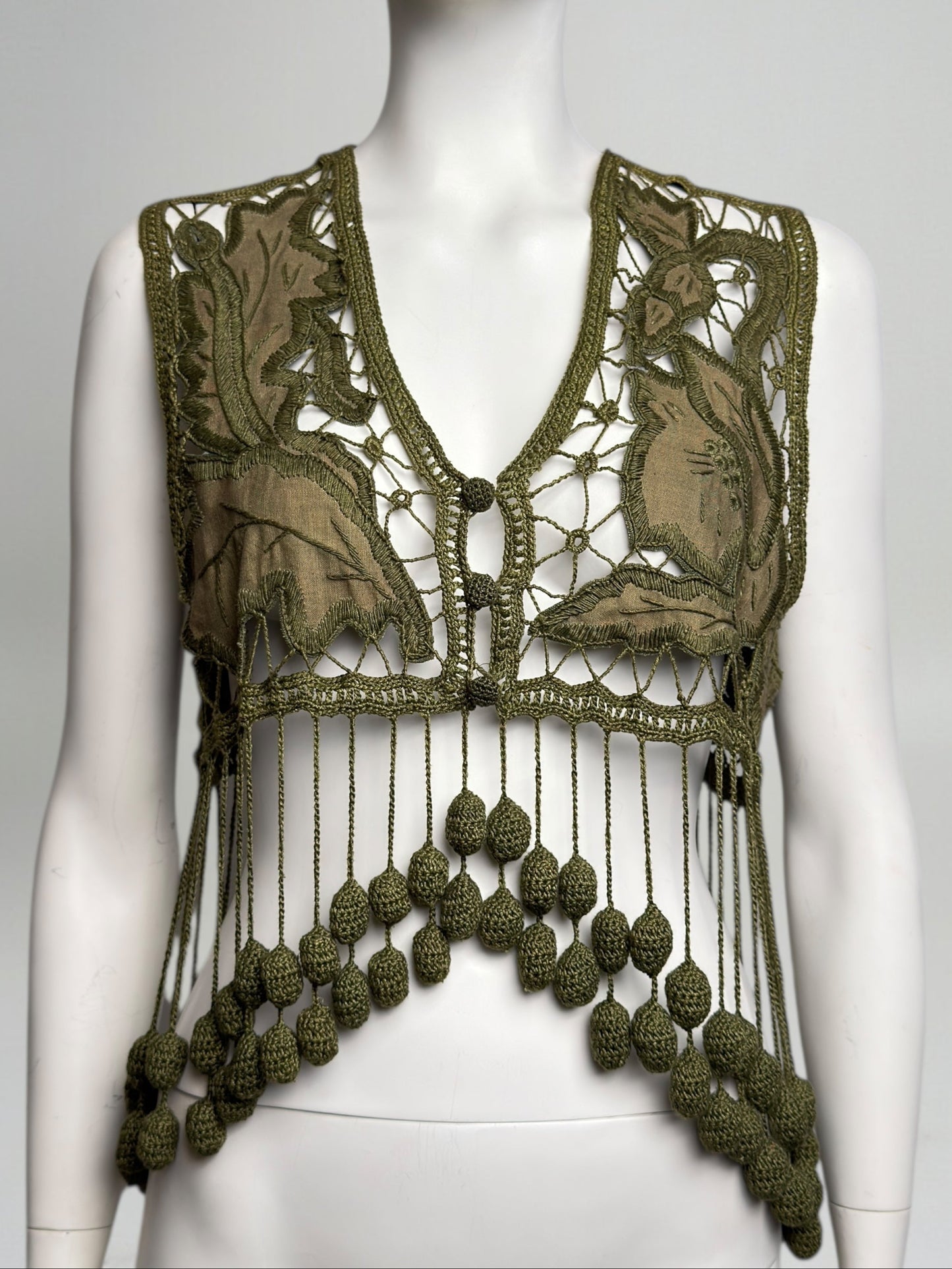Romeo Gigli Spring 1990 Fringe Crochet Olive Green Vest