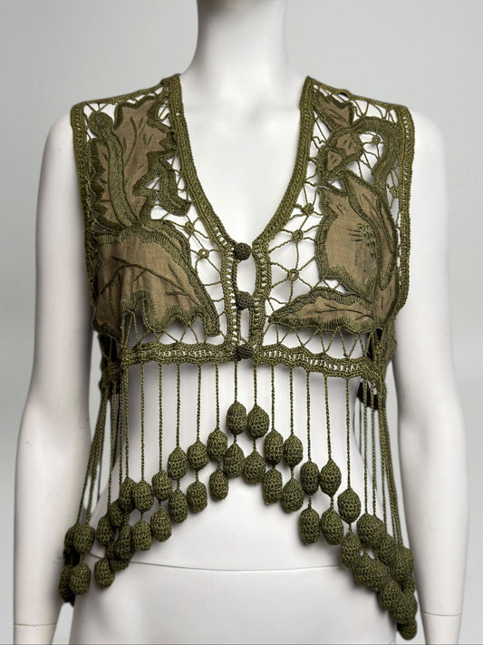 Romeo Gigli Spring 1990 Fringe Crochet Olive Green Vest