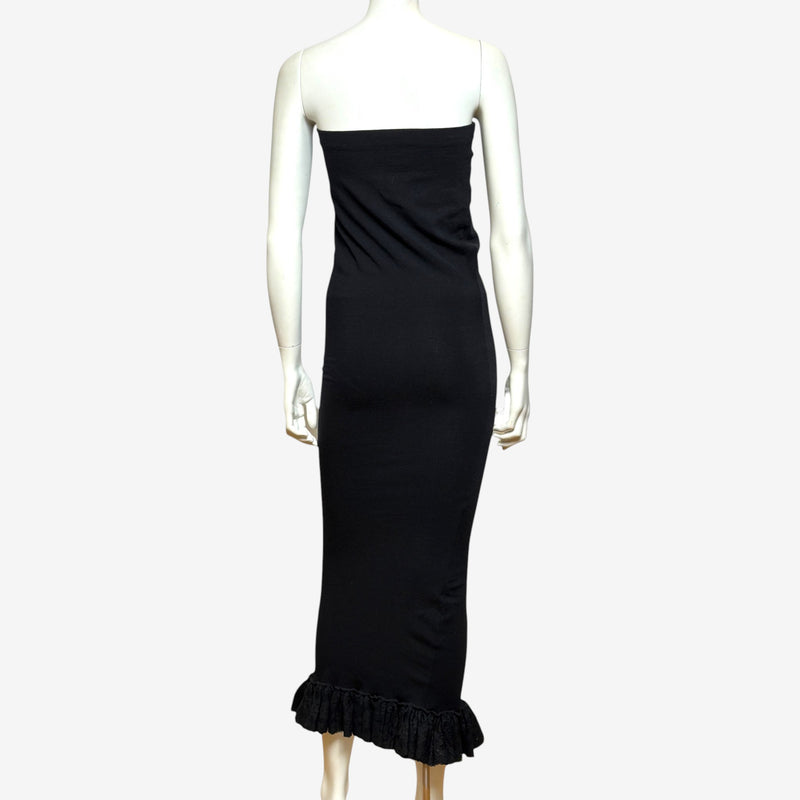 Black strapless tube dress by Dolce & Gabbana, front view with gathered lace trim