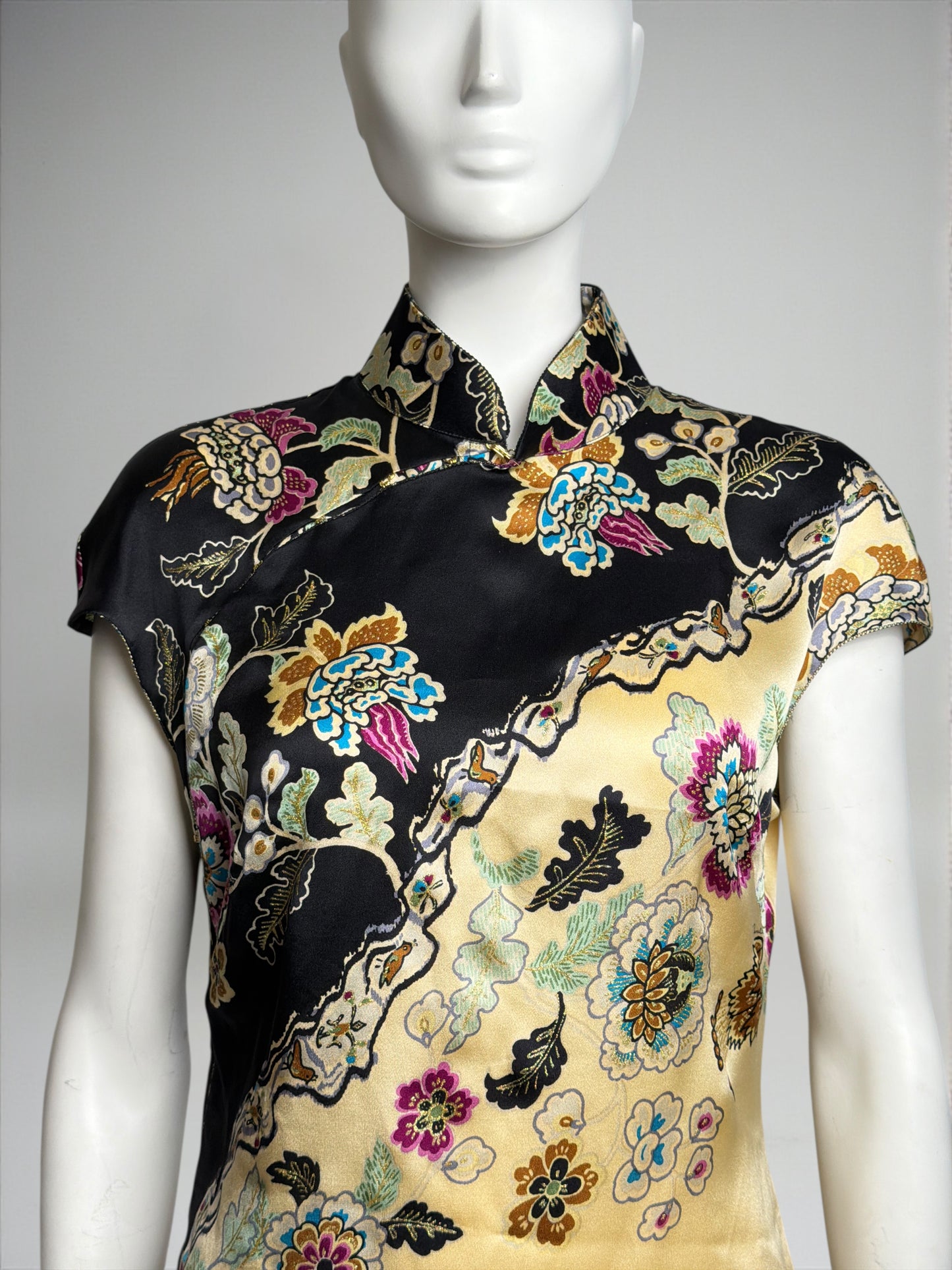 Roberto Cavalli Spring 2003 Chinoiserie Cheongsam Silk Yellow Mini Dress