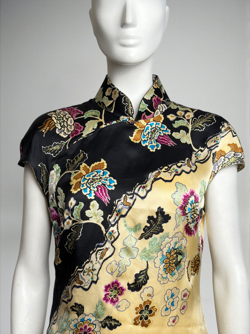 Roberto Cavalli cheongsam dress detail, yellow silk with chinoiserie print and leg slit