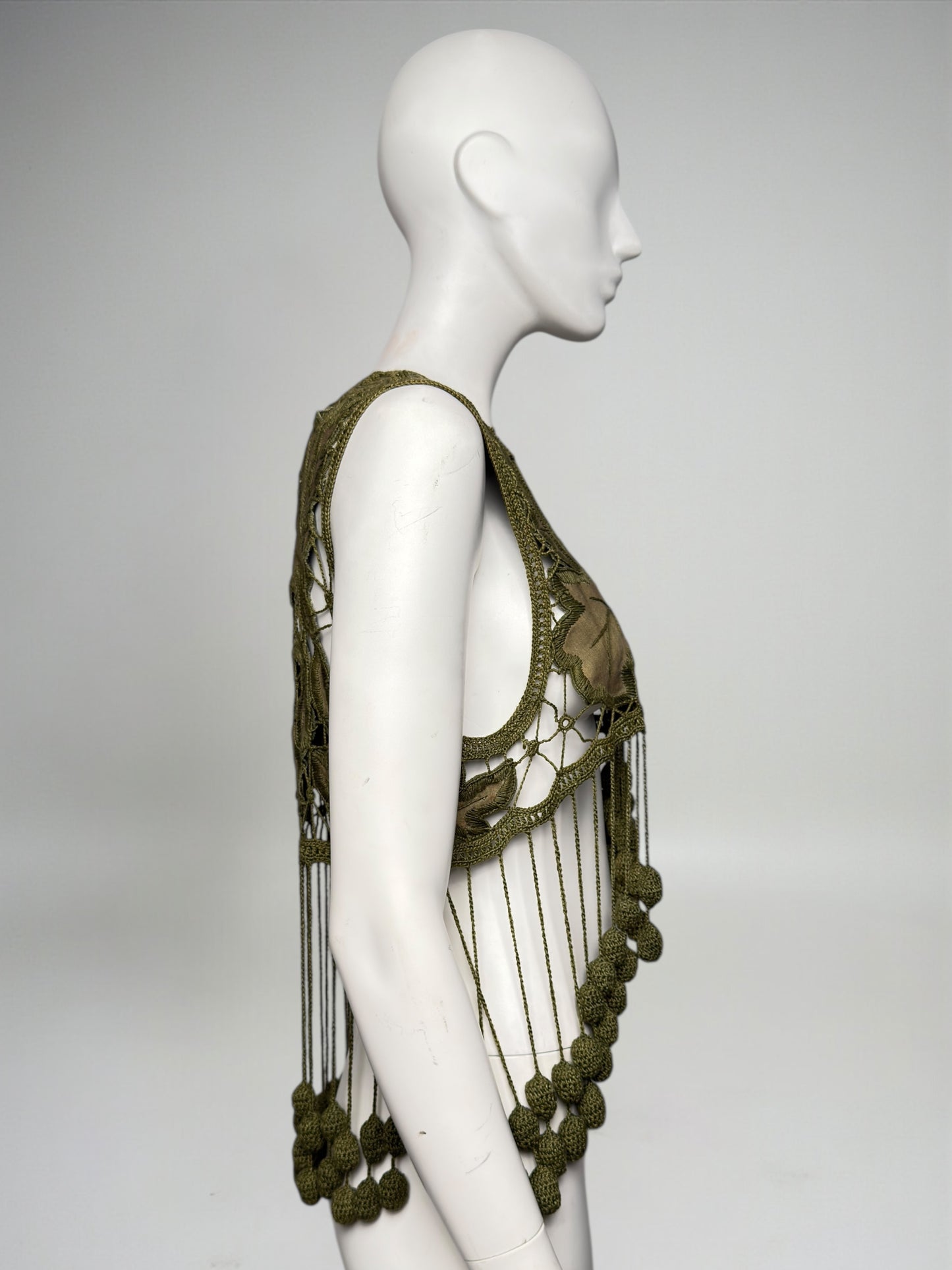 Romeo Gigli Spring 1990 Fringe Crochet Olive Green Vest