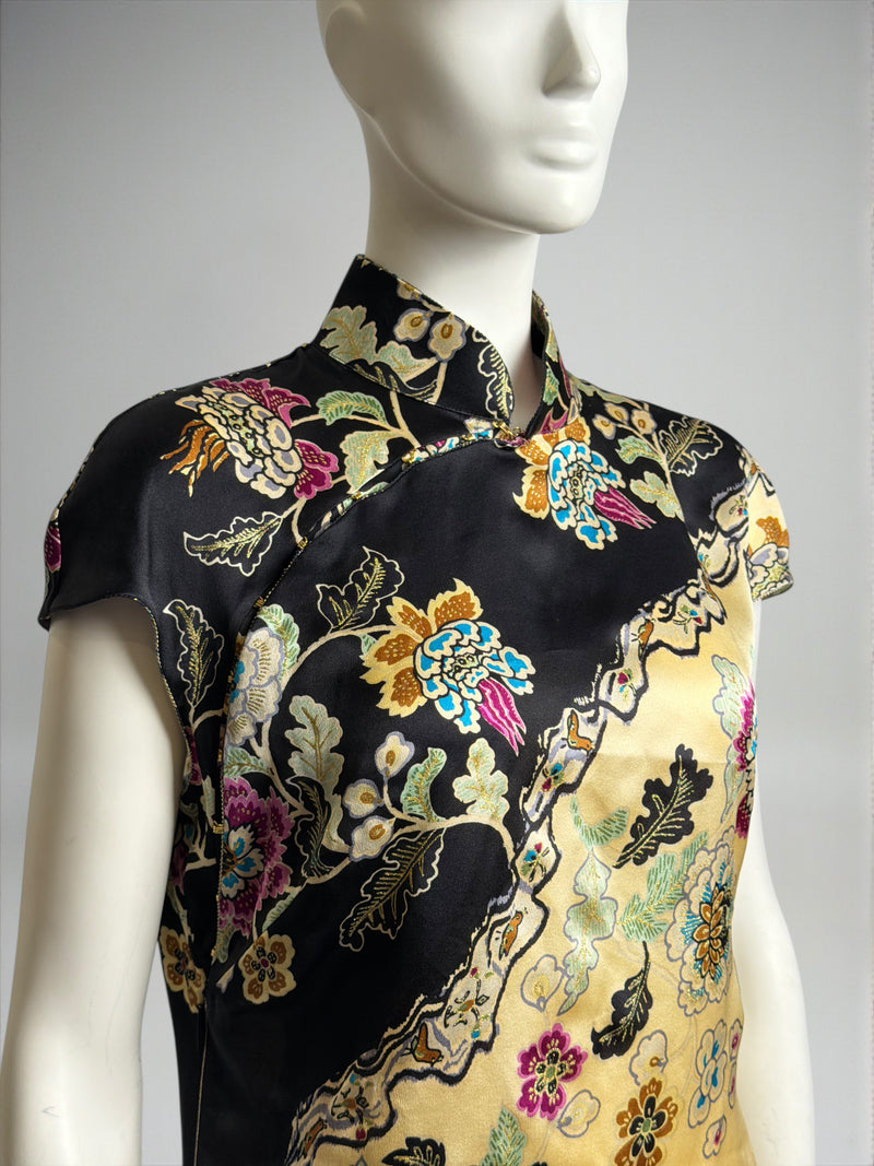 Yellow silk cheongsam mini dress by Roberto Cavalli, back view and leg slit detail