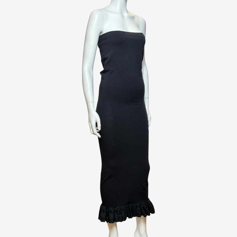 Black strapless tube dress by Dolce & Gabbana, back view with side zip closure