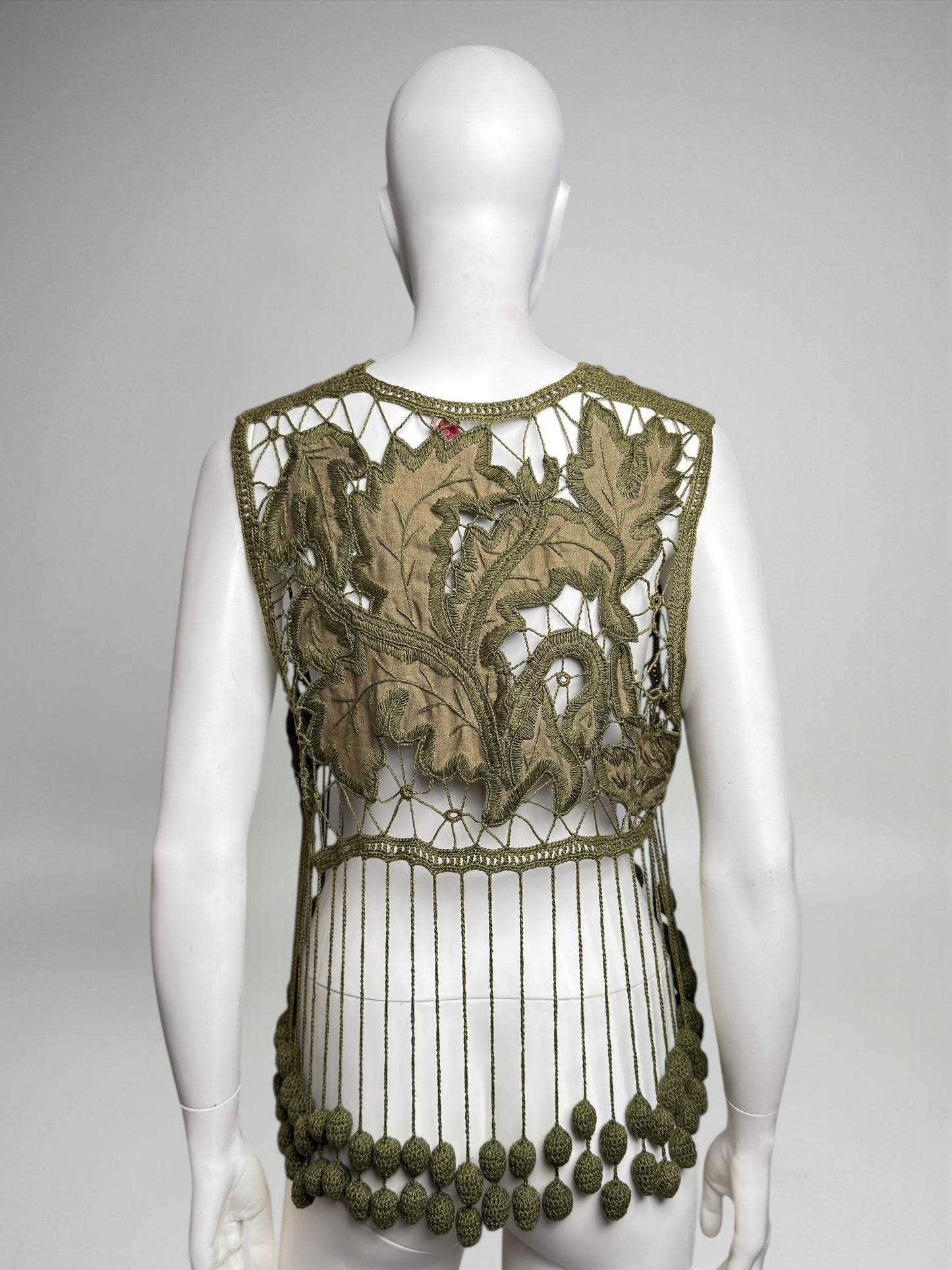 Romeo Gigli Spring 1990 Fringe Crochet Olive Green Vest