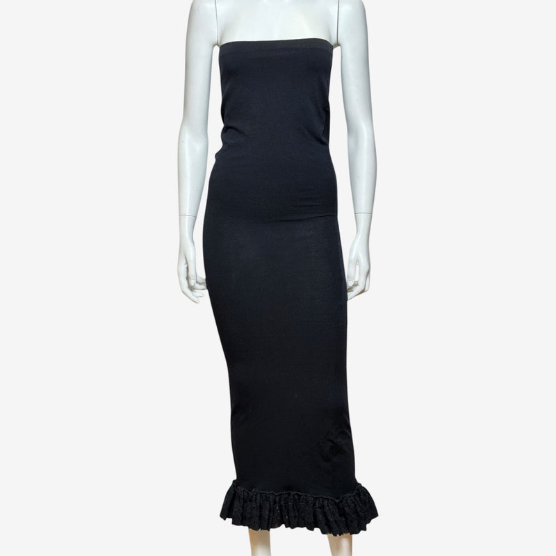 Black strapless tube dress by Dolce & Gabbana, lace ruffle hem detail
