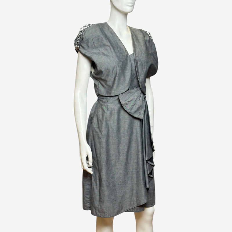 Silver-toned chain strap detail on Gianni Versace grey wool blend dress