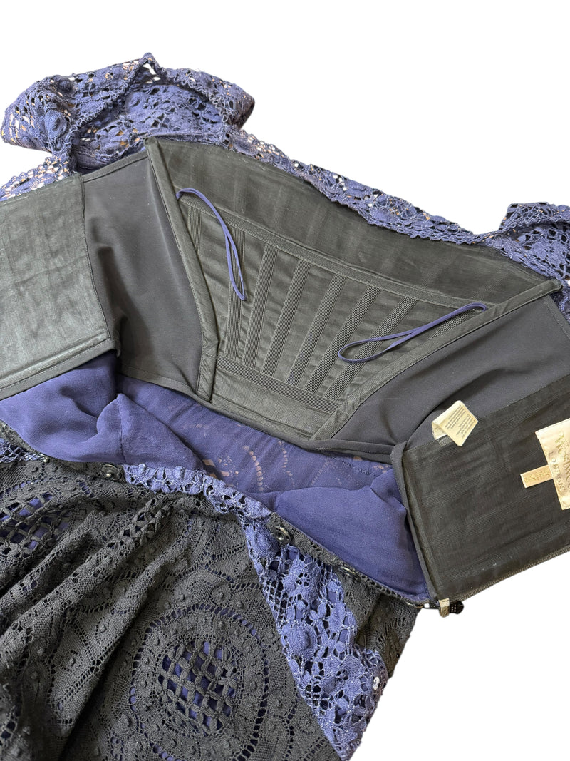 Detail of internal boning structure visible at corseted bodice of Vivienne Westwood dress