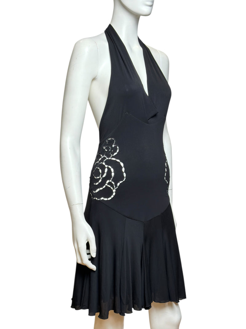 Black silk mini dress by Roberto Cavalli, side profile of cutout detail