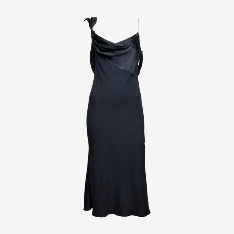 Black satin slip dress by John Galliano, bias-cut with asymmetrical draped cowl neckline