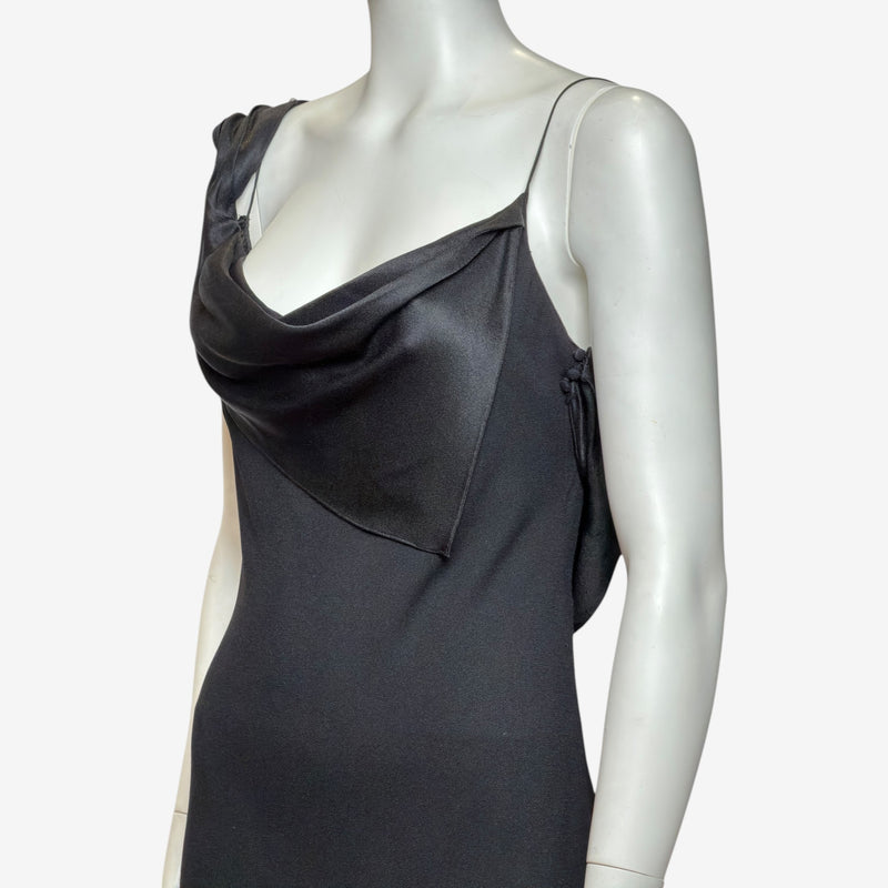 Black satin slip dress by John Galliano, back view showing deep scoop back detail