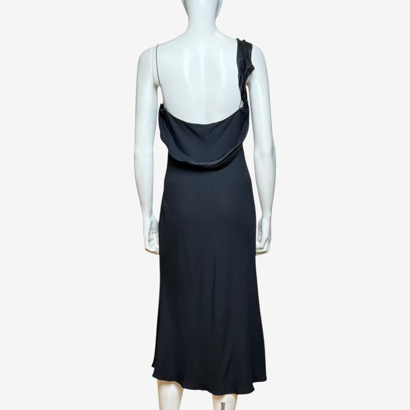 Black satin slip dress by John Galliano, hem and silhouette detail