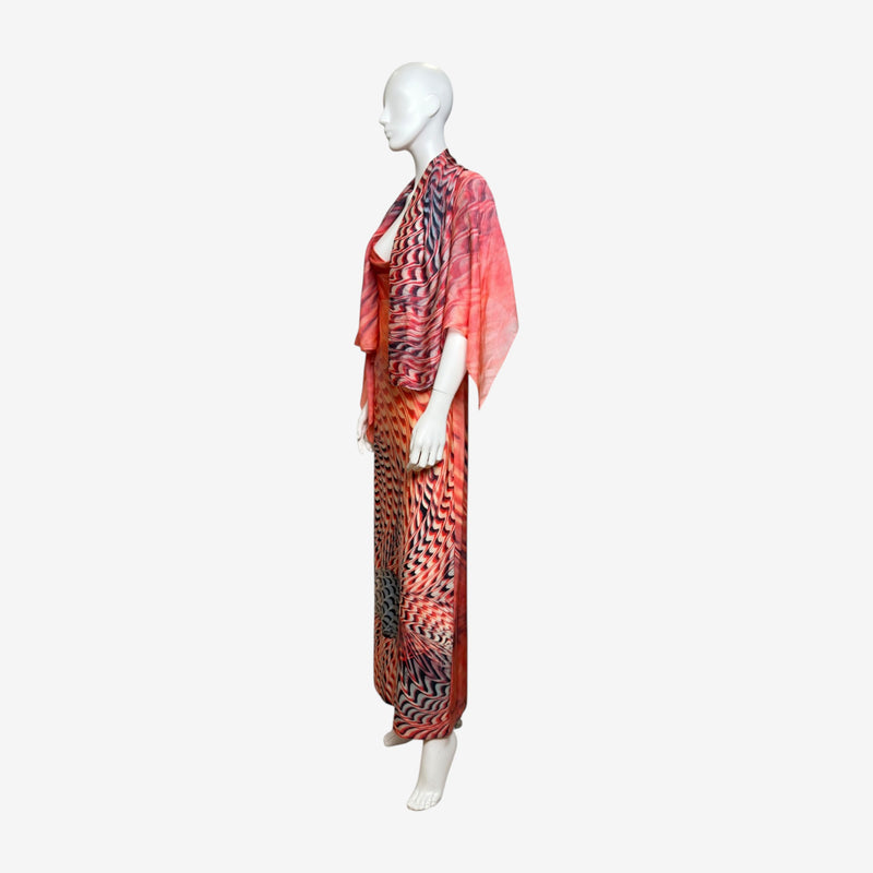 Roberto Cavalli S/S 2001 gown back view, swirling tie-dye optical illusion print