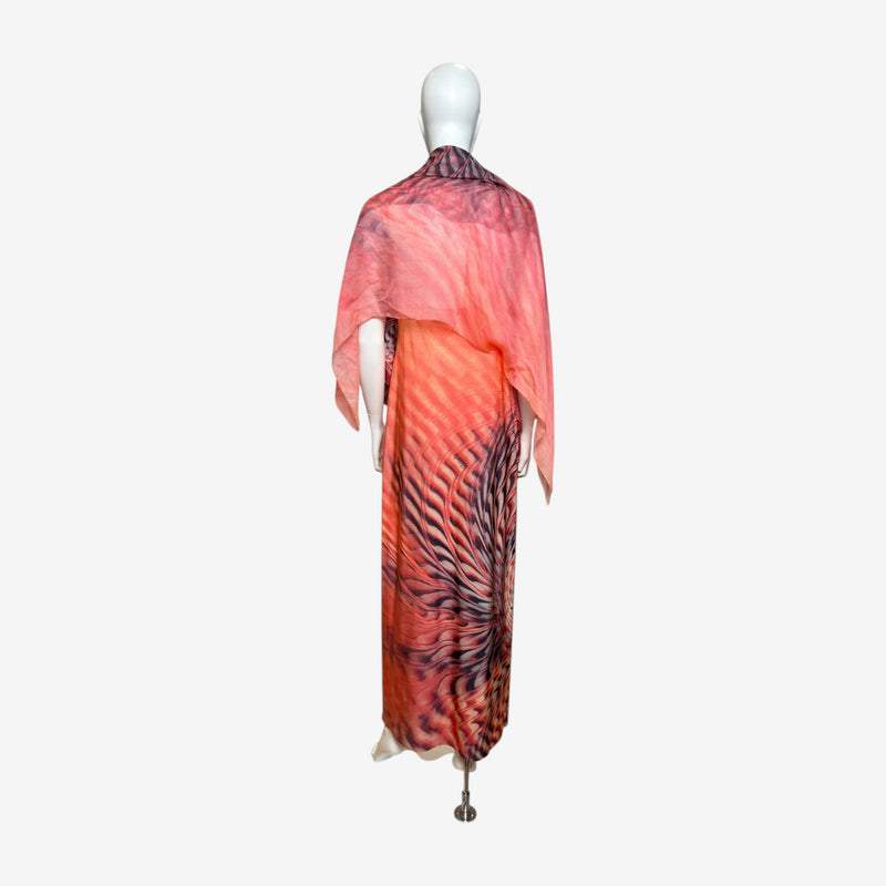 Roberto Cavalli gown detail, coral and orange tie-dye pattern with black chevron motif