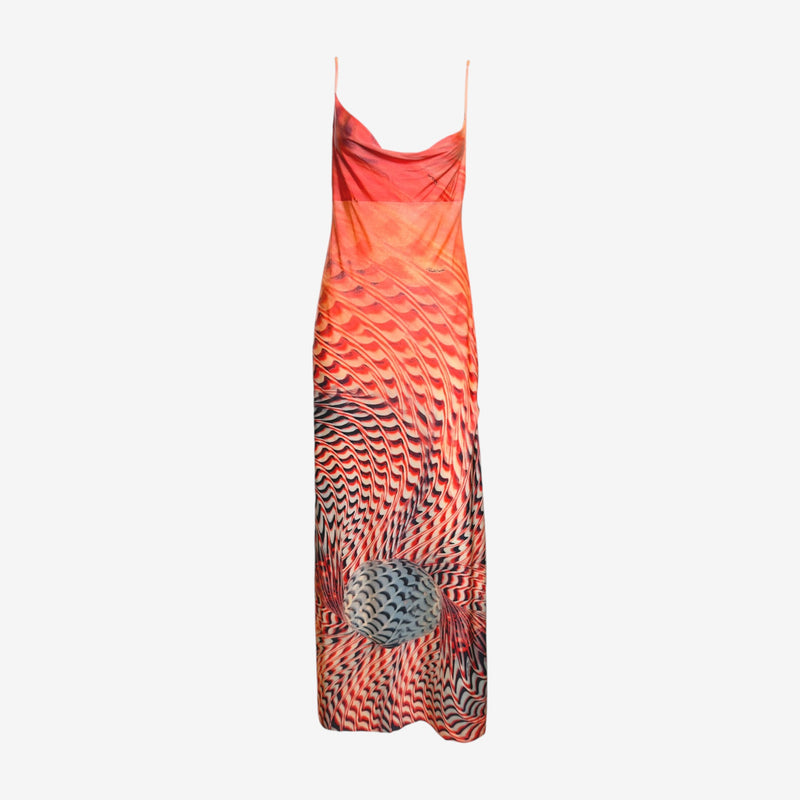 Roberto Cavalli S/S 2001 gown with shawl, full-length view of tie-dye optical effect