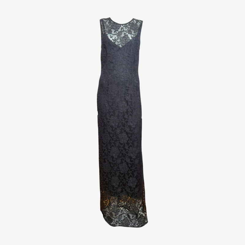 Black lace long gown by Dolce & Gabbana, full length view with fitted bodice and hem
