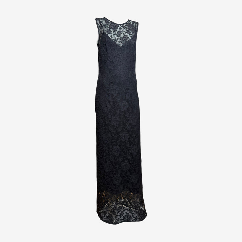 Black lace long gown by Dolce & Gabbana, sheer floral lace sleeveless silhouette