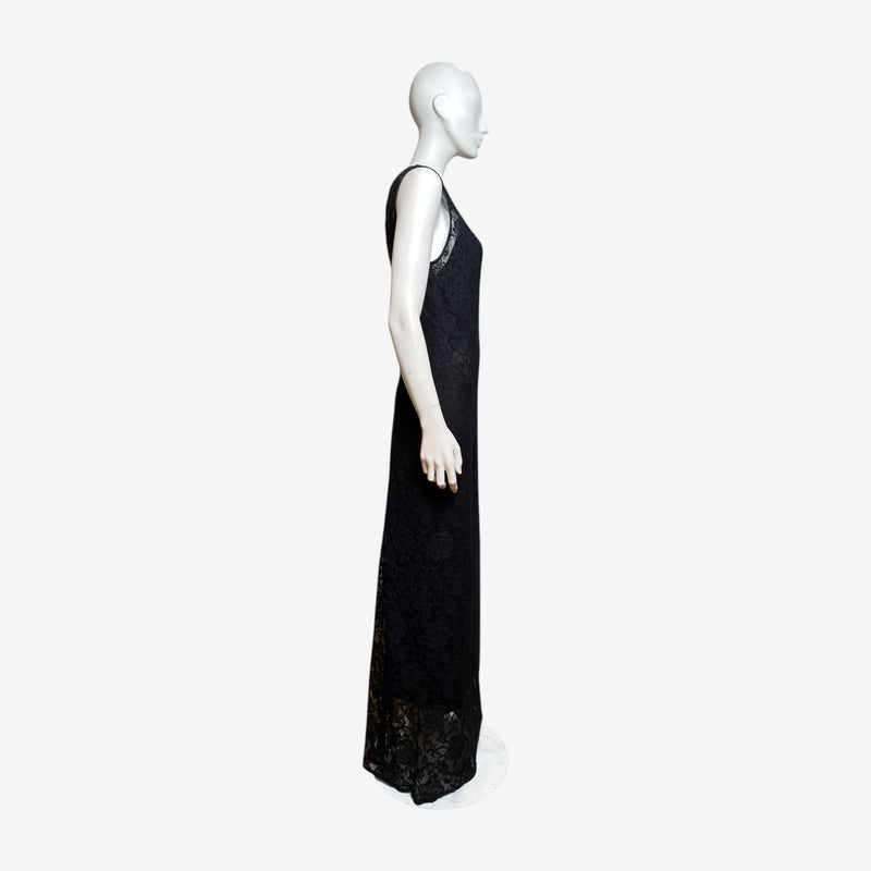Black lace long gown by Dolce & Gabbana, back view of sleeveless sheer lace