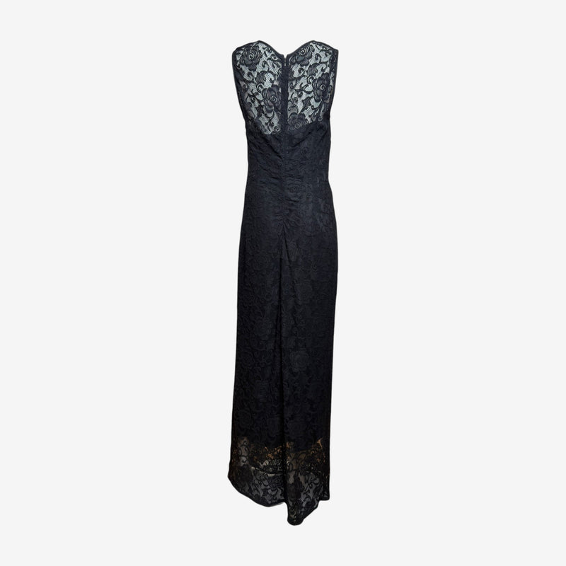 Black lace gown by Dolce & Gabbana, detail of floral lace fabric and satin slip dress