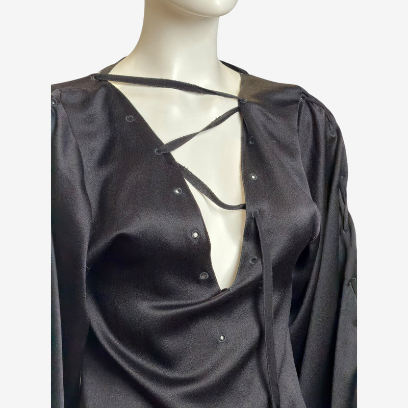 Black silk mini dress by Tom Ford for Gucci, bodice and strap detail