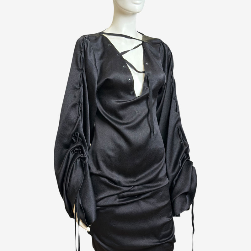Black silk mini dress by Tom Ford for Gucci, side profile view