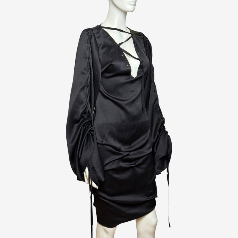 Black silk mini dress by Tom Ford for Gucci, lace pattern closeup