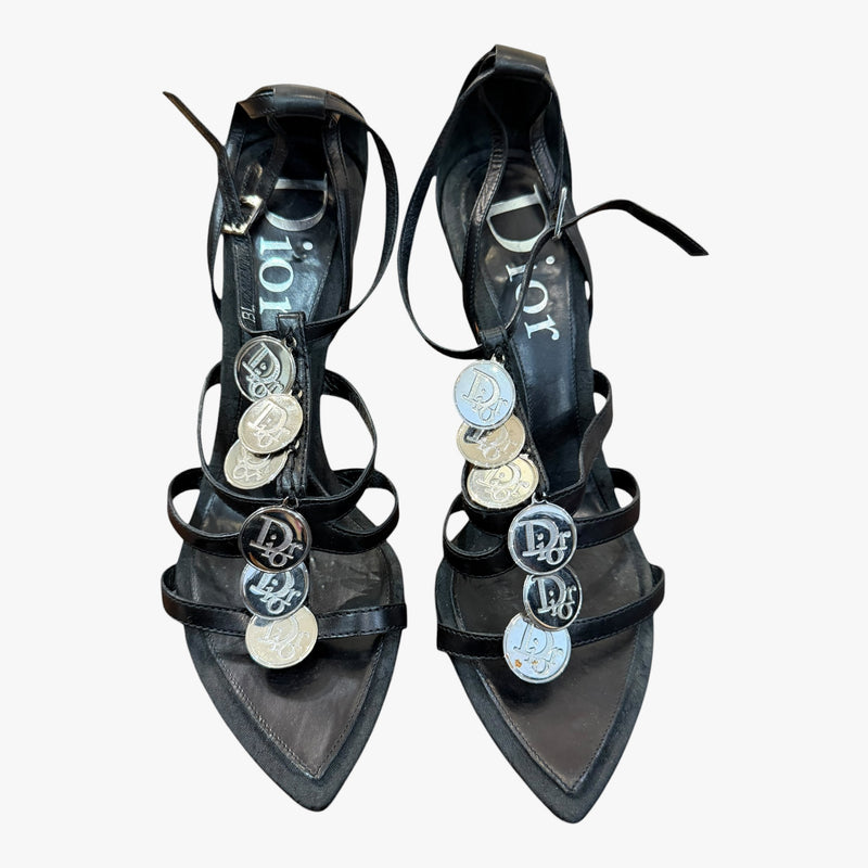 Gold coin-embellished heel by Dior, front view