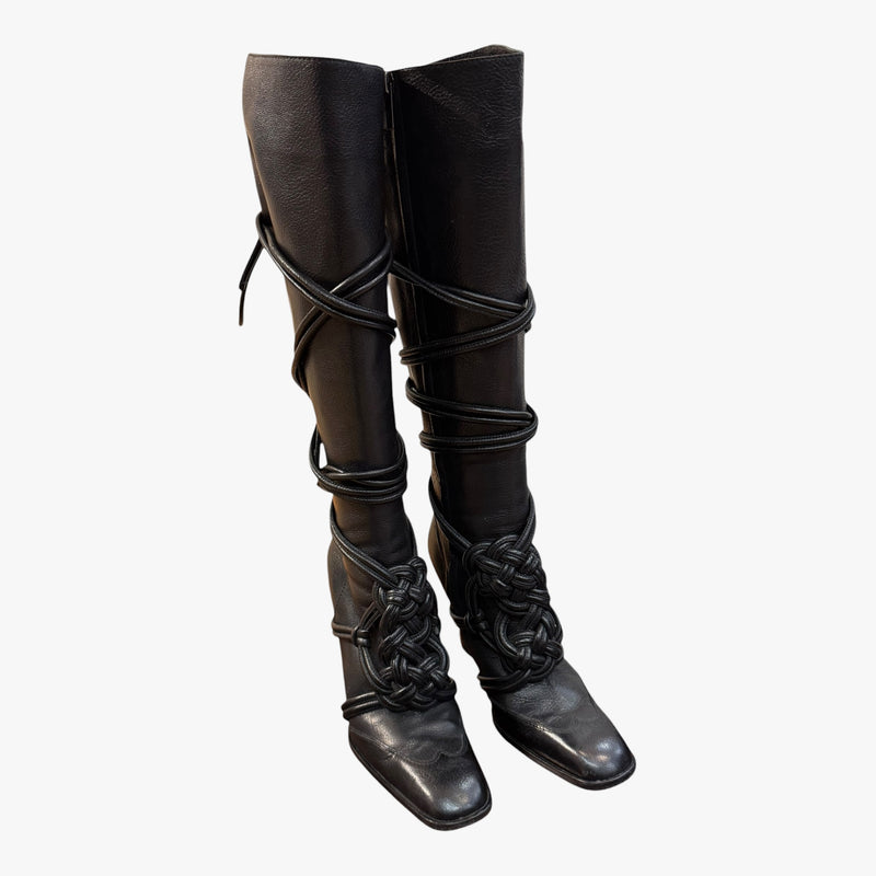 Black lace knee high boot by Yves Saint Laurent, Tom Ford era, interior view
