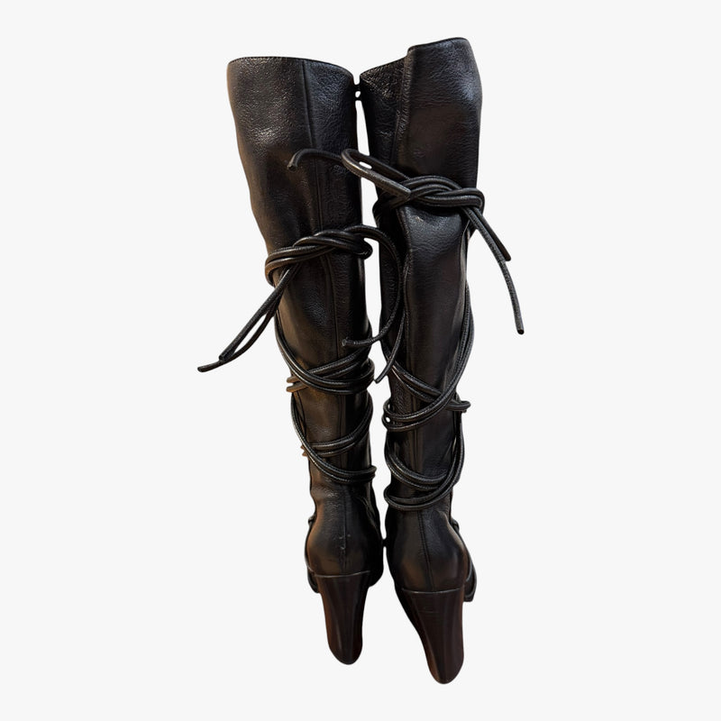 Black lace knee high boot by Yves Saint Laurent, Tom Ford era, lace texture