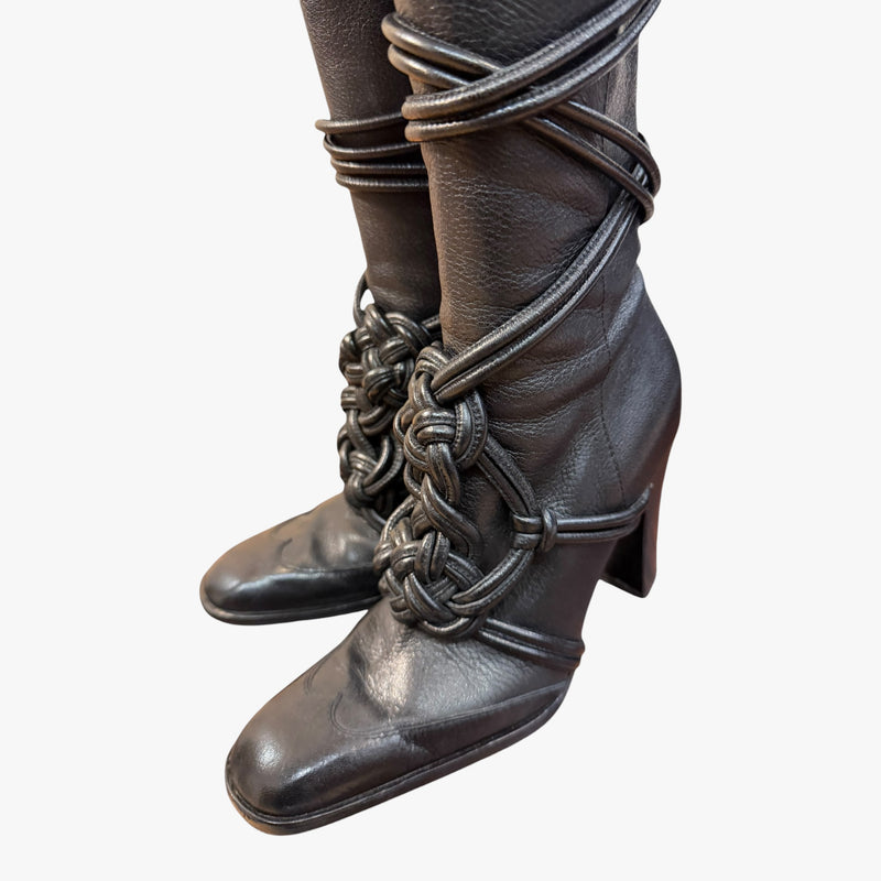 Black lace knee high boot by Yves Saint Laurent, Tom Ford era, calf detail