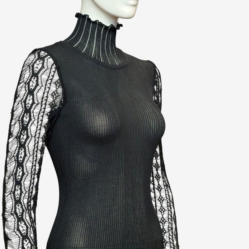 Black Dior gown mock turtleneck and lace sleeve construction, detail