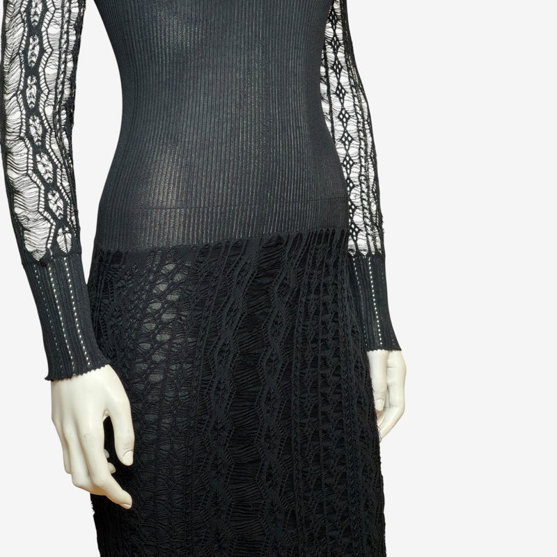 Black ribbed knit bodice with diamond-pattern lace, upper body detail